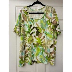 Penmans Plus 3X Tropical Leaf Print Short Sleeve Knit Top Green Casual Stretch